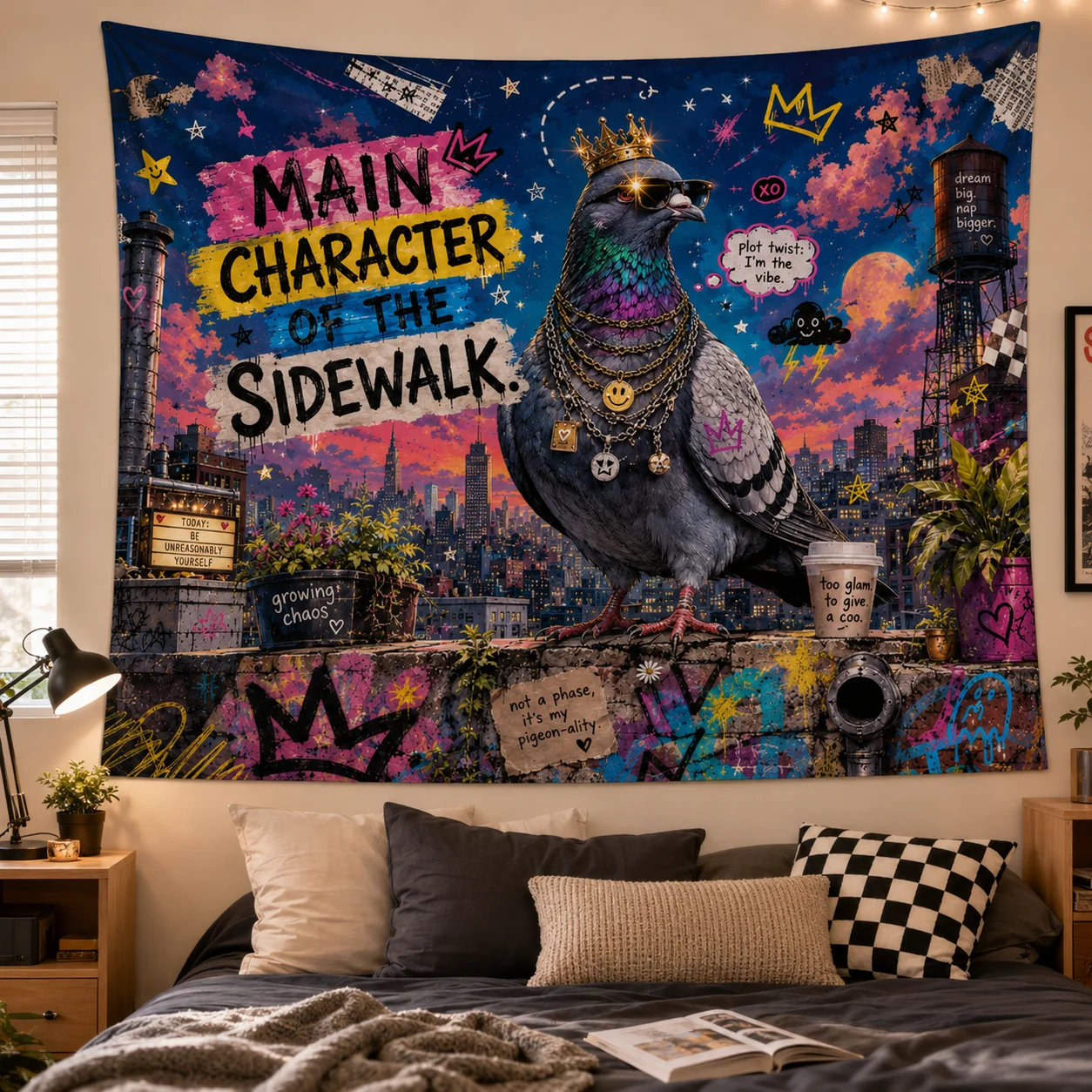 Retro Street Graffiti Tapestry Wall Art Cute Animal Crown Woven Blanket Neon Landscape Room Decoration Aesthetic Backdrop