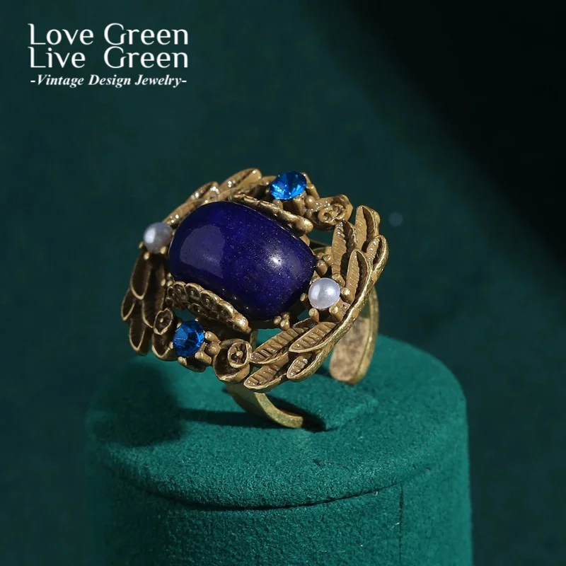 

Винтажные кольца золотого цвета, антикварные квадратные листья, синие украшения из натурального камня для женщин, жемчужные стразы, роскошный средневековый стиль, новинка