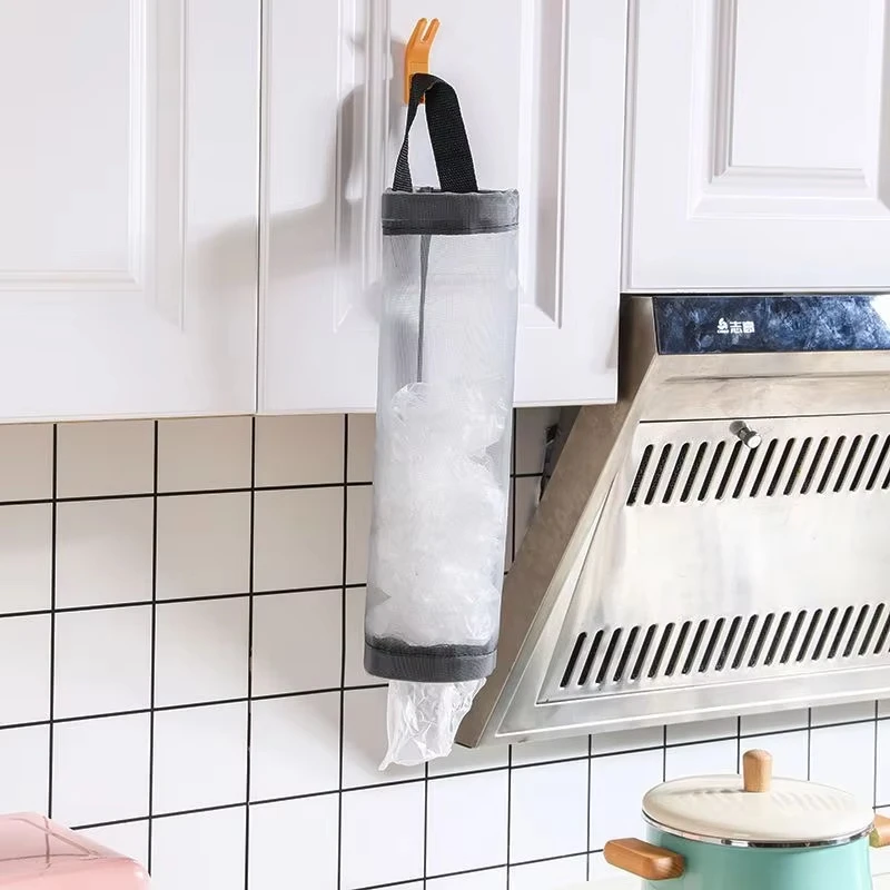 1pc Grey Hanging Plastic Bags Dispenser, Wall Mount Mesh Reused Storage Pouch, Kitchen Garbage Trash Bags Sundries Organizer Bag