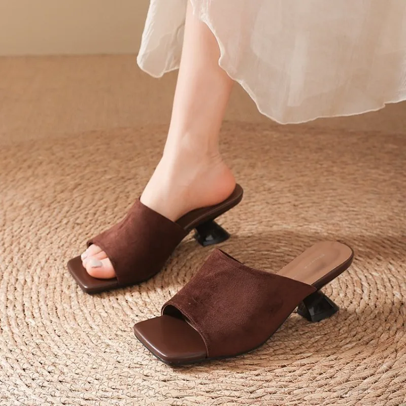 Sommerliche Damen-Slipper mit eckiger Zehenpartie, elegante Keilabsatz-Sandalen für Outdoor, Bankett und Party