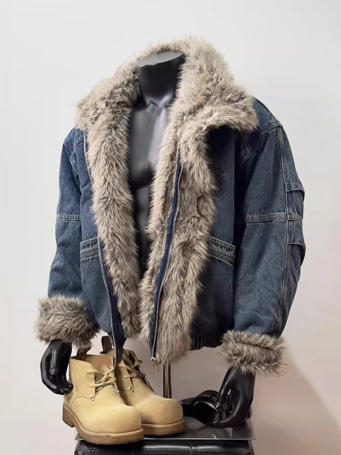 

Мужское зимнее джинсовое пальто на подкладке в стиле ретро с американской подошвой, деконструированное хлопковое джинсовое пальто с горным орлом, застежка-молния