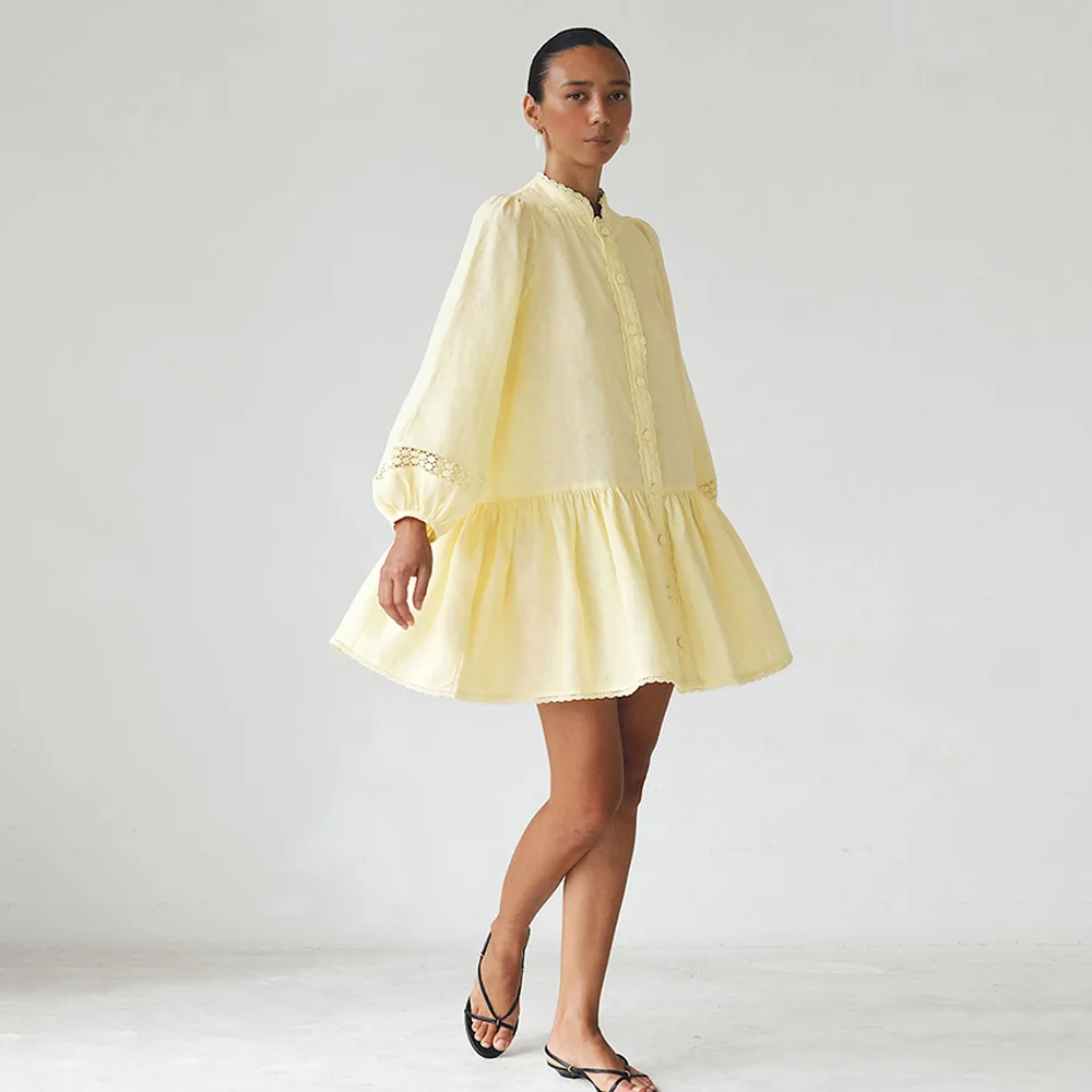 Abito da donna sexy in pizzo scavato patchwork Abito monopetto a maniche lunghe giallo Autunno Allentato Casual Streetwear