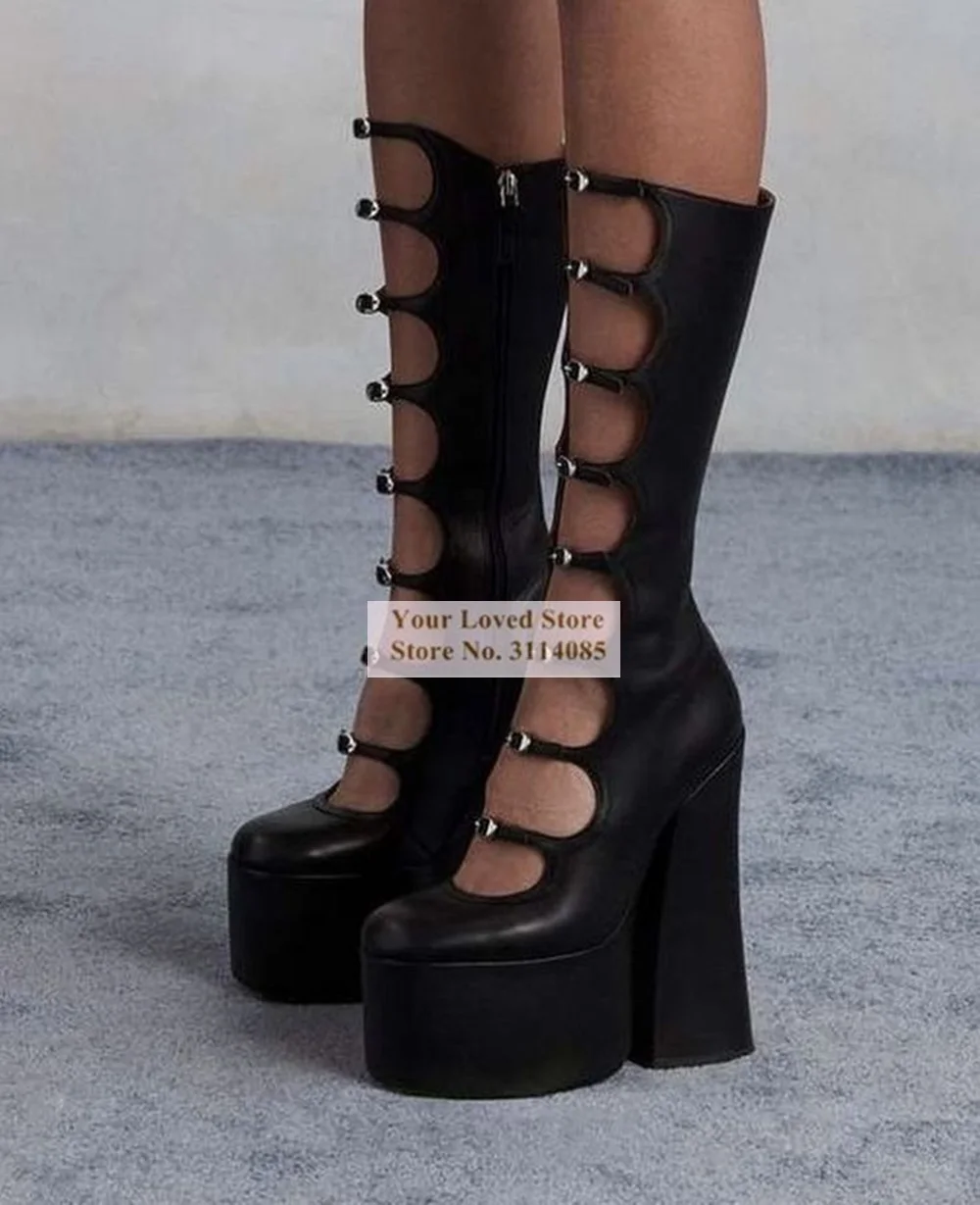 Women Pink Black Sky High Chunky Heel Knee Boots Platform Buckle Straps Sandal Boots Sexy Hollow Out Dress Shoes Size47