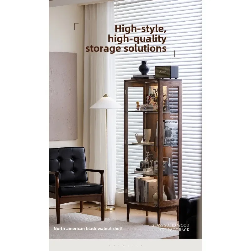 Black walnut glass display cabinet, all solid wood wine cabinet figure cabinet, simple modern bookcase in the living room