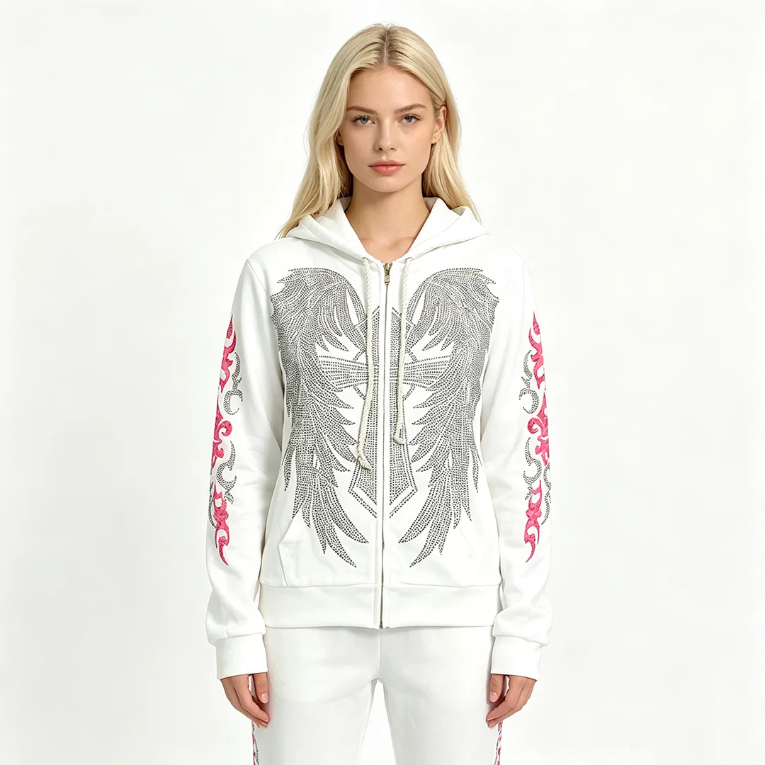 Kapuzenpullover mit Reißverschluss und Strass-Flügelkreuz-Print, Tribal-Langarm-Straßen-Sweatshirt.
