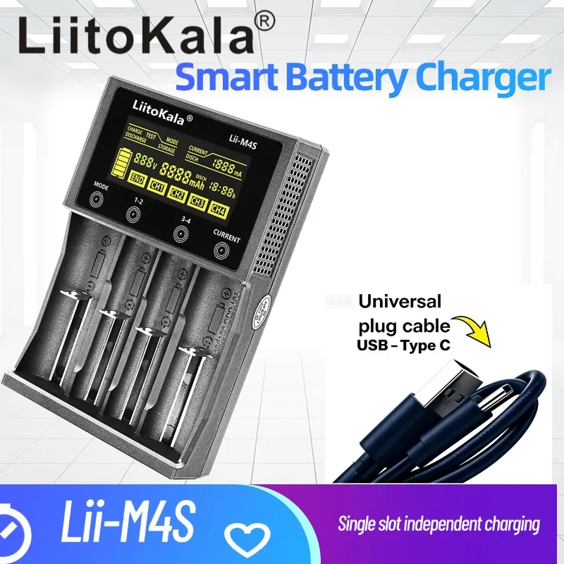 LiitoKala Lii‑M4S Smart Battery Charger 4 Slot Type‑C LCD Display Capacity Test Discharge Storage Mode For 18650 14500 26650 AA