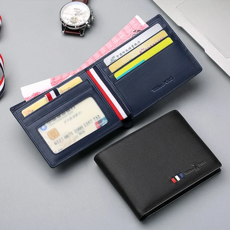 

Wallets Men Short Business-style Red-white-blue Strip Card Holder Slots Ultrathin Genuine Leather Portable Purse New WILLIAMPOLO