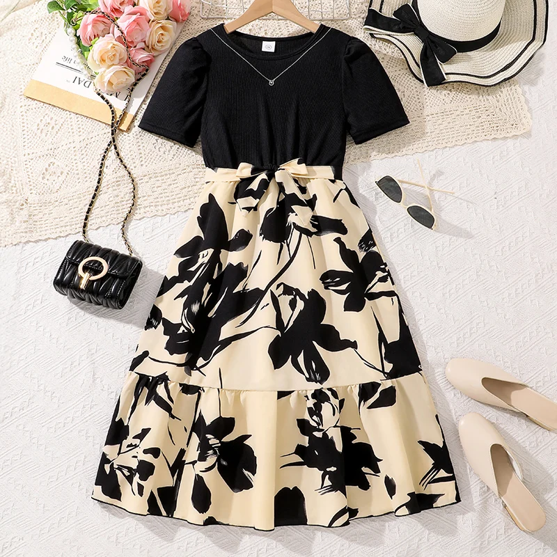 Korean Fashion Summer Children's Dress Black Short-Sleeved Floral Dress With Belt Comfortable Decent Dress For Party Or Vacation