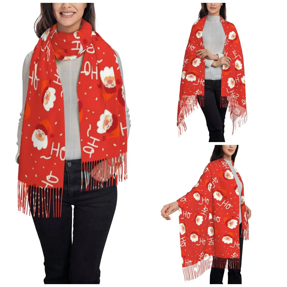 Cutre Christmas Santa Claus Ho Shawl Wrap for Women Winter Single-sided Pattern Scarf New Year Pashmina Tassel Scarves