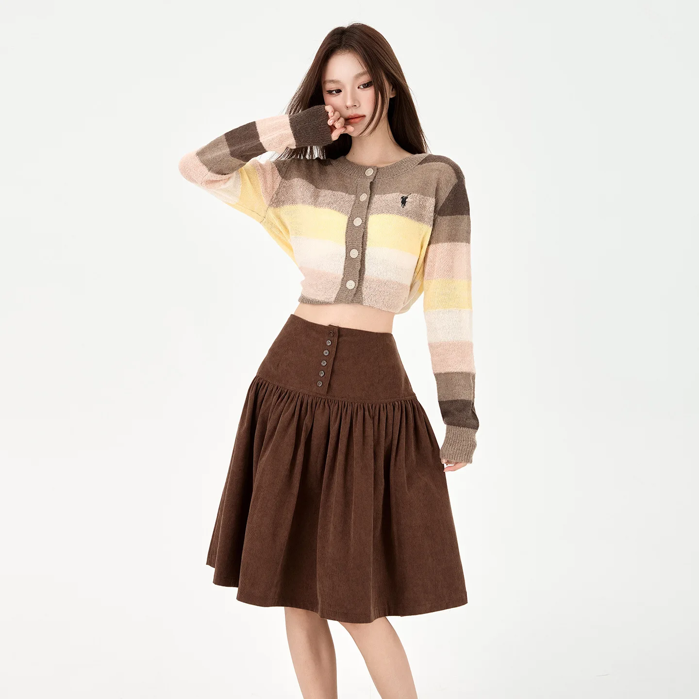 

Ретро-винтажная юбка кофейно-коричневого цвета, плиссированная, на пуговицах, с высокой талией, стройнящая фигуру, универсальная, подходит ко всему, юбка-трапеция.