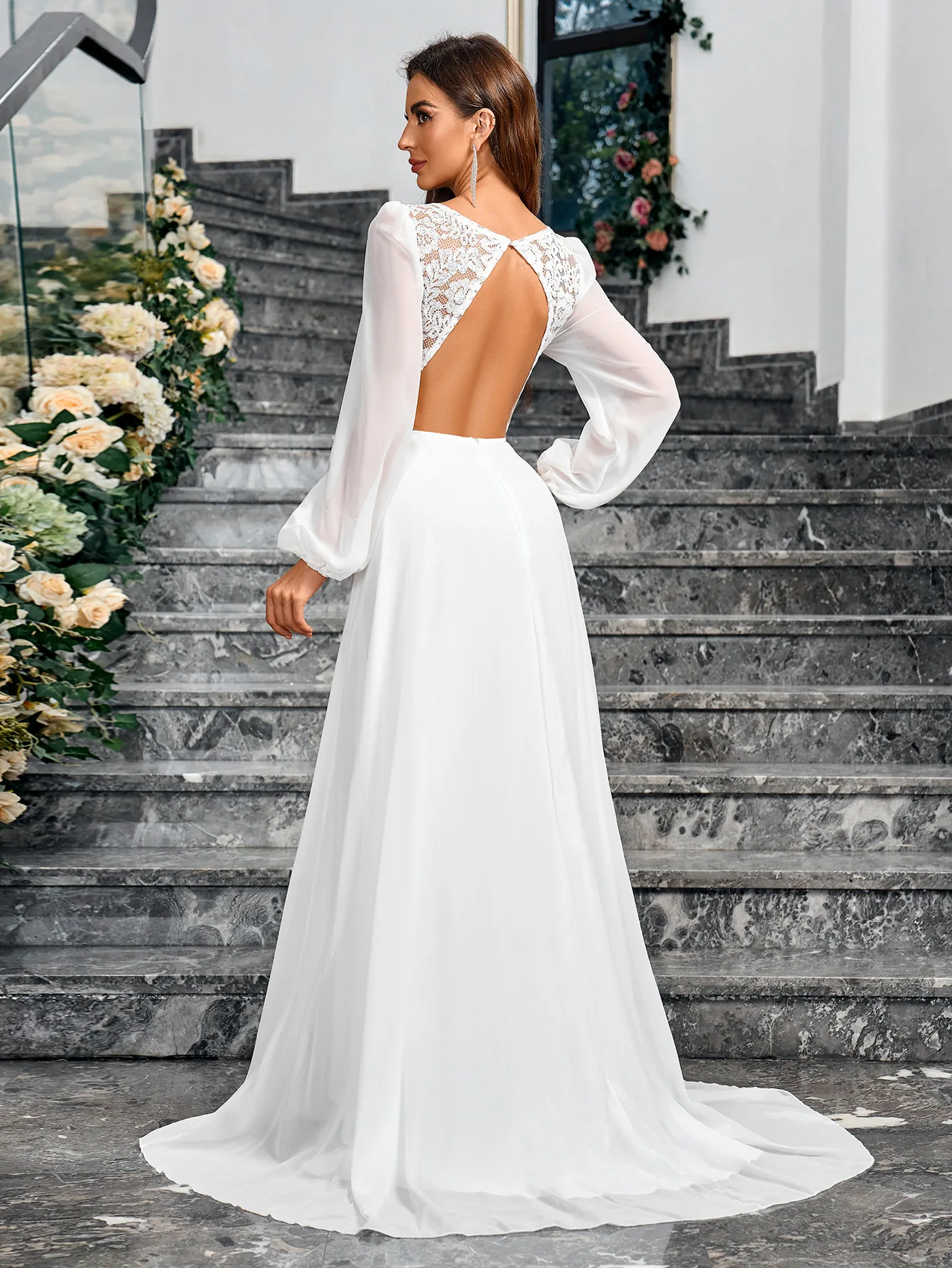 Vestidos Para Mujer Long Sleeve Deep V Neck Lace Mermaid White Wedding Party Dress Backless Floor Length Sexy Evening Prom Gowns