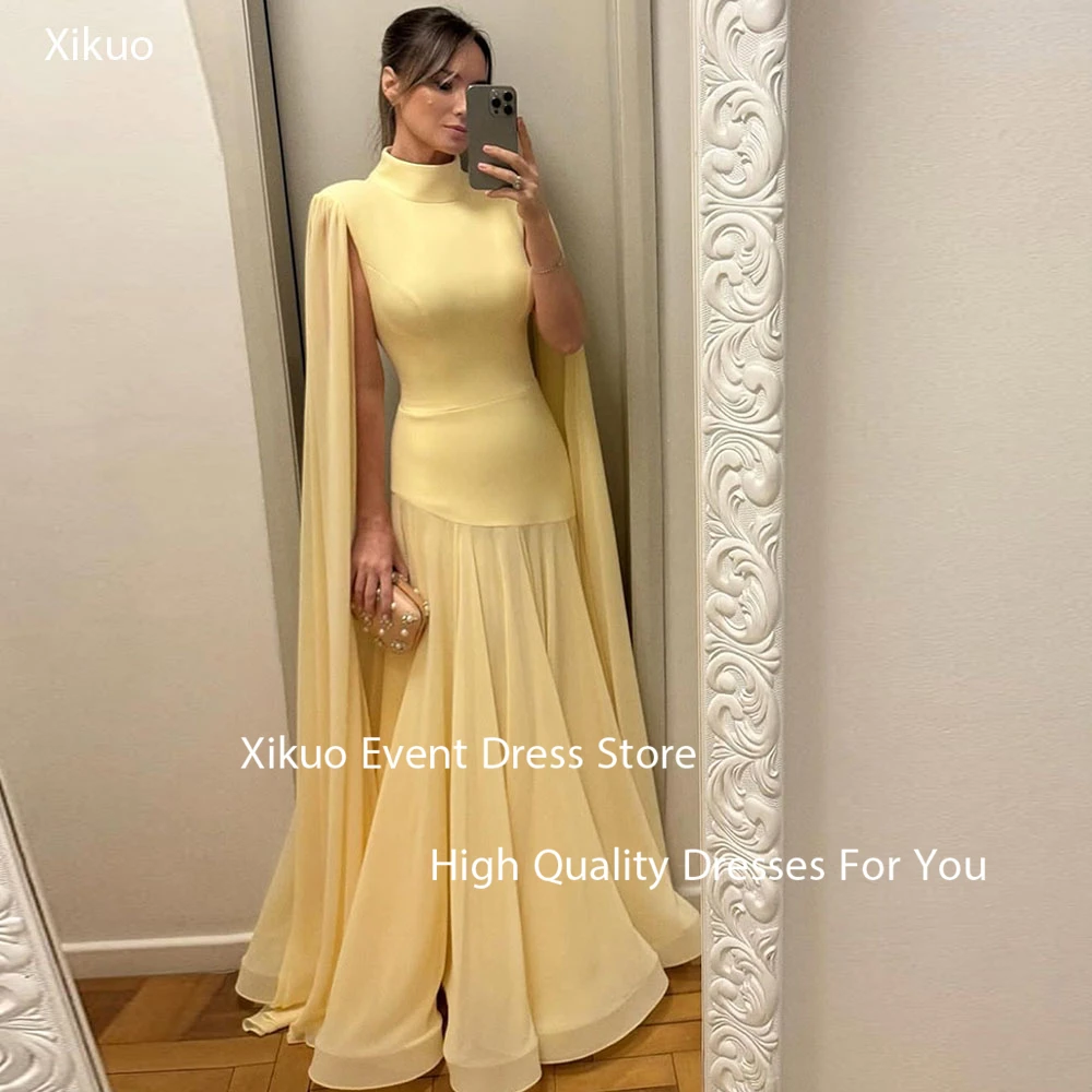 

Xikuo Modest Yellow Satin Prom Dresses Women A Line Floor Length Evening Party Gowns High Neck Sukienka Wieczorowa Customized