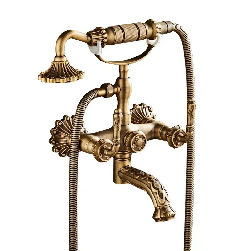 

All-copper carved European retro simple rain shower set, pure copper hot and cold faucet, bathtub shower hand nozzle