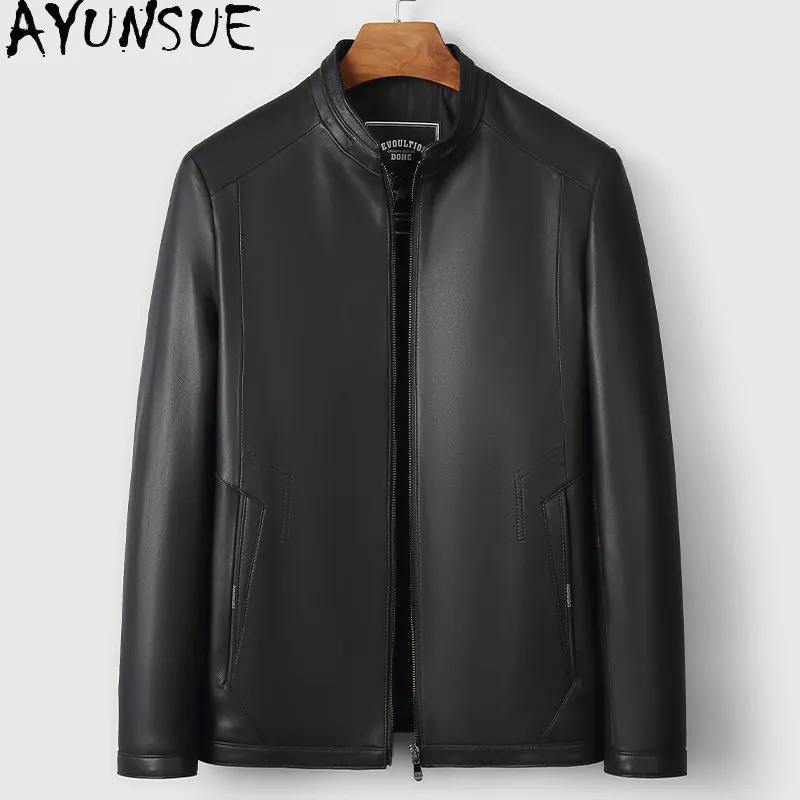 AYUNSUE Real Sheepskin 100% Genuine Leather Jacket Men High Quality Stand Collar Black Leather Coat Casual Business Streetwear