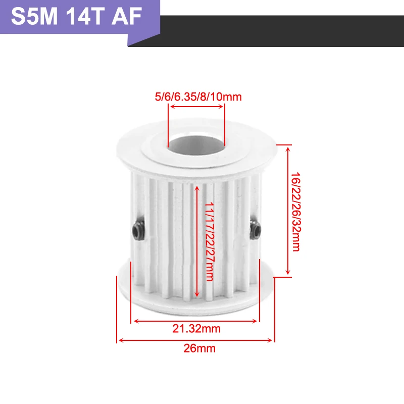 2PCS S5M Type Transmission Pulley S5M 14T 5/6/6.35/8/10mm Inner Bore Timing Belt Pulley 11/17/22/27mm Width Toothed Pulley Wheel