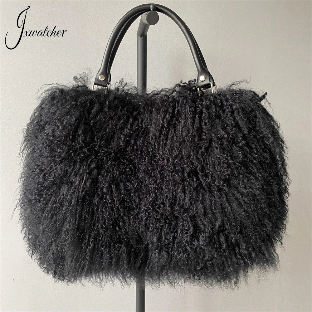 Jxwatcher Real Mongolian Fur Bag for Woman 2024 New Style Ladies Fashion Fluffy Tote Bag Autumn Winter Luxury Girls\' Hand Bag