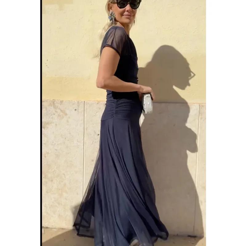 Summer Sexy Women Mesh Sheer Ruched Bodycon Evening Dress Elegant Corset Short Sleeve Flowy Guest Mermaid Cocktail Long Dress