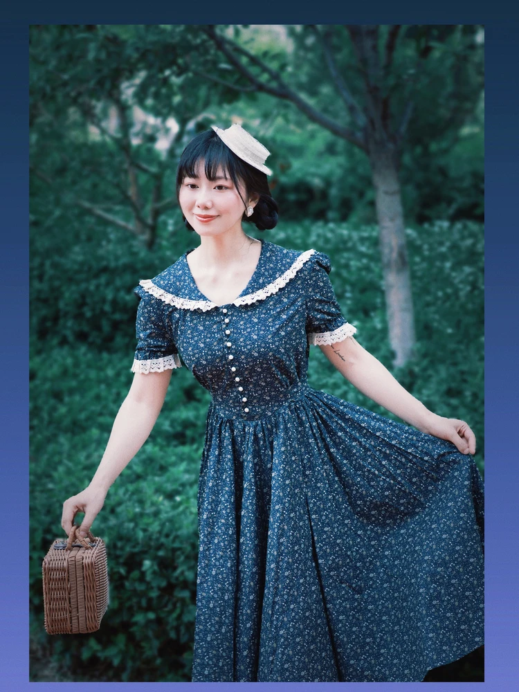 TIYIHAILEY Abito lungo da donna a metà polpaccio Manica corta Blu SL Pizzo di cotone Patchwork Stampato Colletto rovesciato estivo 2025 Nuovo