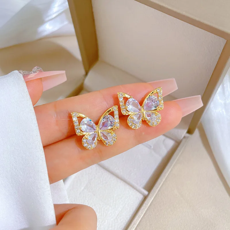 Stainless Steel Jewelry Set Of Earrings Pendant Necklace For Women Chic Fashion Rhinestone White Clear Butterfly Jewelry Set