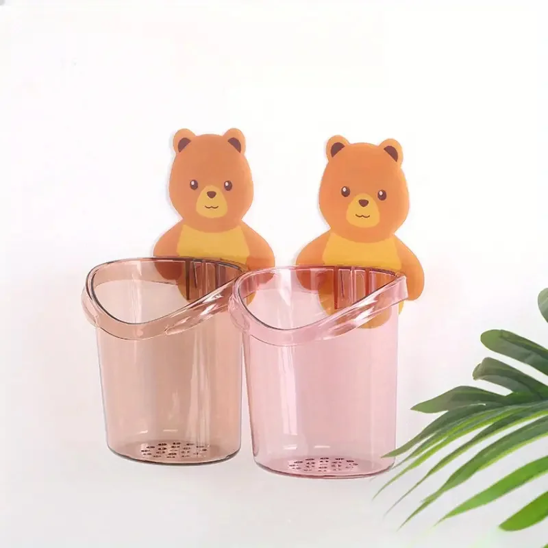 

Bear Shaped Wall Mounted Toothbrush Holder with Drain, Plastic Bathroom Organizer Cup, No Drilling Required, Electricity-Free To