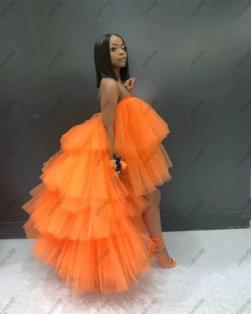 Fashion Bright Orange Tulle Prom Dress Pretty Special High Low Plus Size Women Long Extra Puffy Tutu Skirt Simple Party Dresses