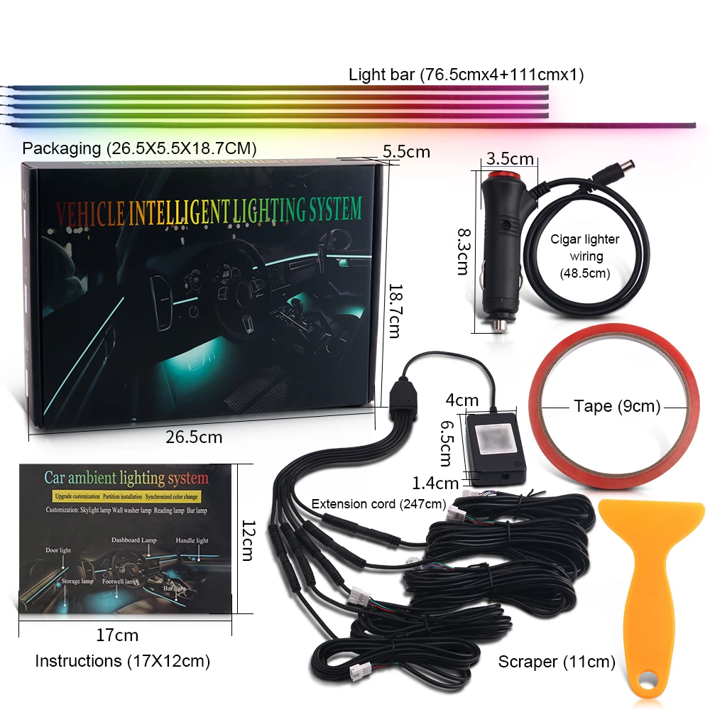 

2/5/6 In 1 Symphony Streamer Car Ambient Lights Interior LED Acrylic Strip Light 64 Color Decoration Atmosphere Lamp APP Remote