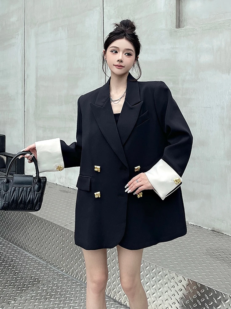 Streetwear shiny metallic buttons blazer women's 2025 New Fashion contrast color Notched collar jacket Loose Suit INKEO 5O104