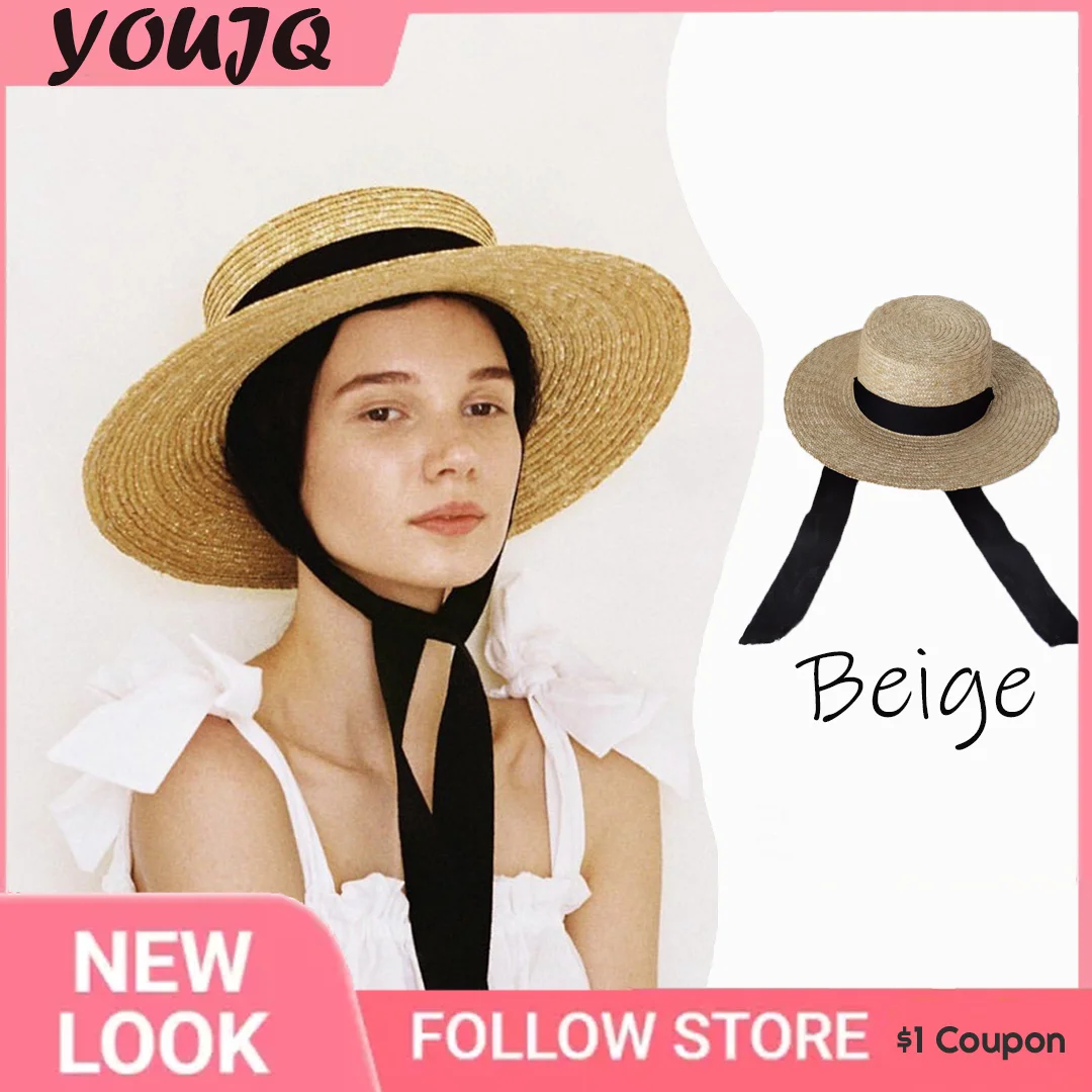 

Women's Summer Wheat Straw Hand-woven Sun Straw Hat Fine Wheat Straw Tied Neck Strap Beach Straw Hat Sun Hats for Women