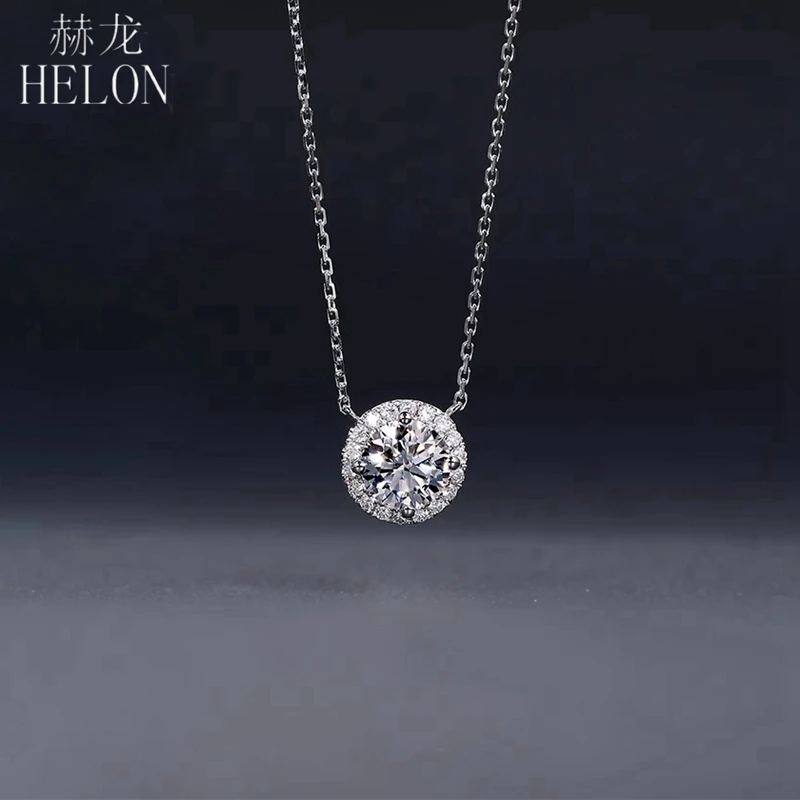 

HELON Solid 14k White Gold Necklace 0.5ct 5mm Round Lab Grown Moissanite Diamond Pendant Necklace For Women Fine Jewelry Gift