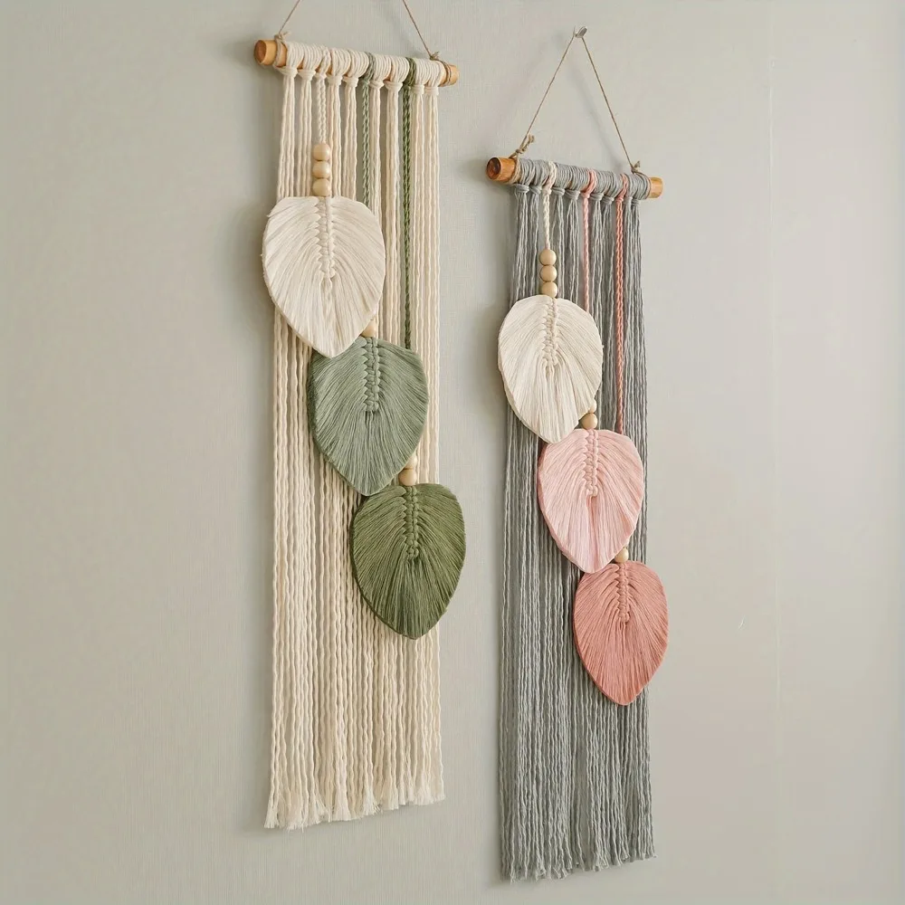 Bohemian Leaf Macrame Wall Hanging Handwoven Tapestry with Wood Beads for Boho Living Room Bedroom Wall Decor Bohemian Style Art