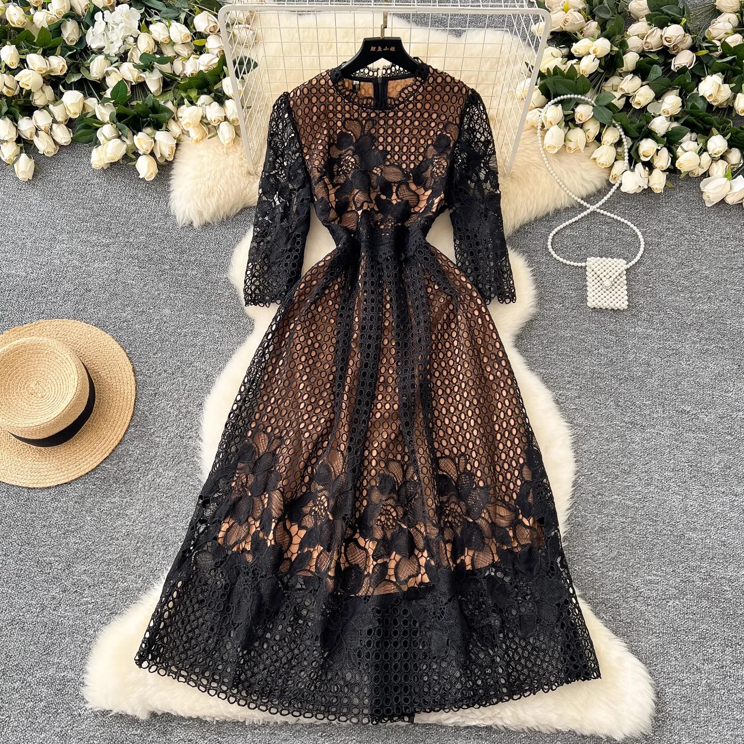 High-End Crochet Lace Hollow Out Summer Dress Women's Runway Embroidery Designer Vintage Elegant Half Sleeve Midi Dresses