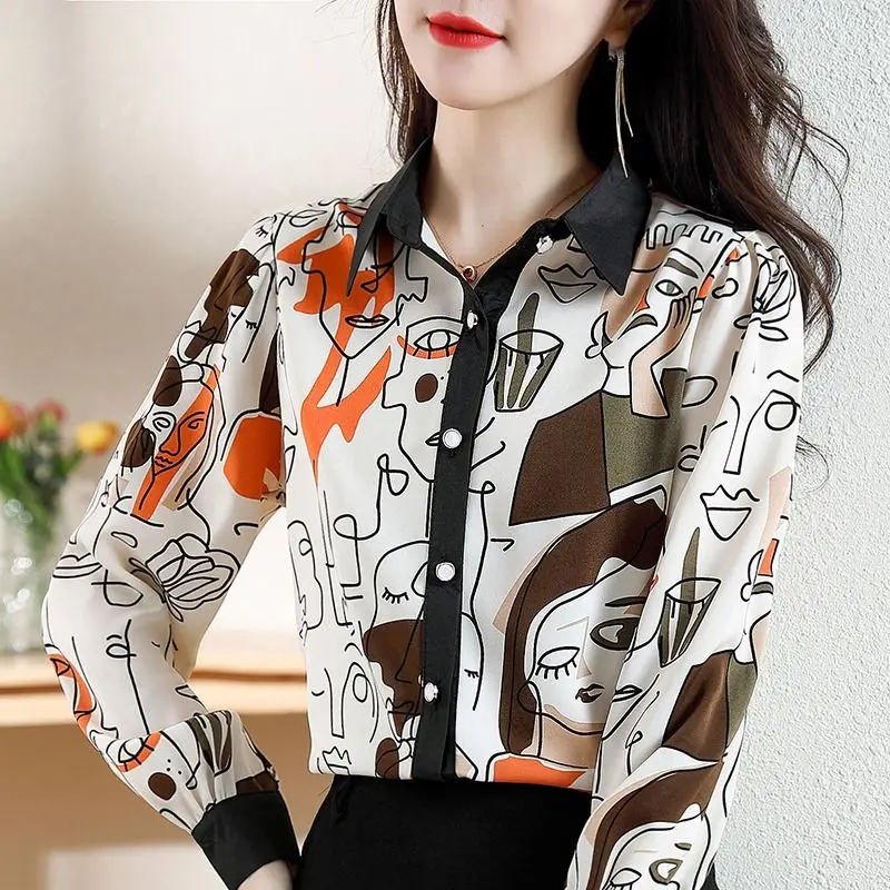 Fashion Printed Shirt 2023 Spring Autumn Commute Single-breasted Casual Korean Polo-Neck Spliced Women\'s Clothing Loose Blouse