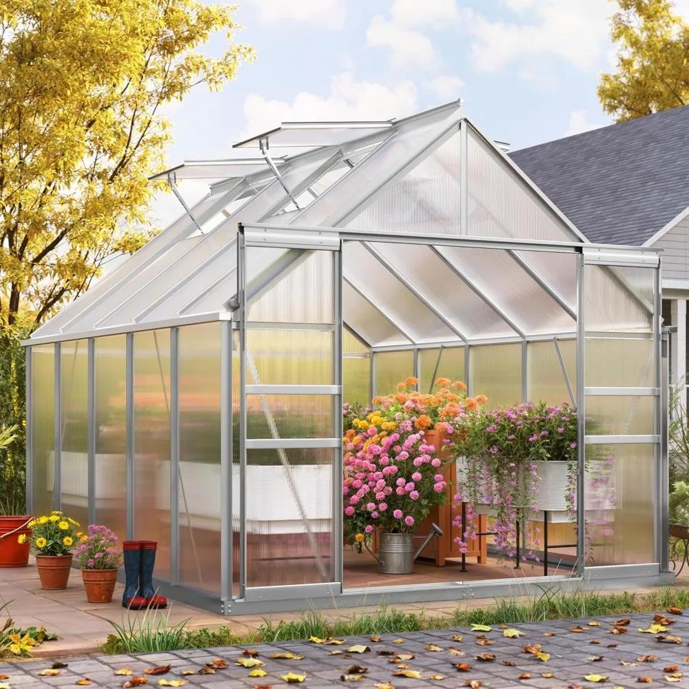 

10x8FT Polycarbonate Greenhouse Large Heavy Duty Green Houses Outdoor Aluminum Greenhouses with Sliding Doors Vent Window Premi