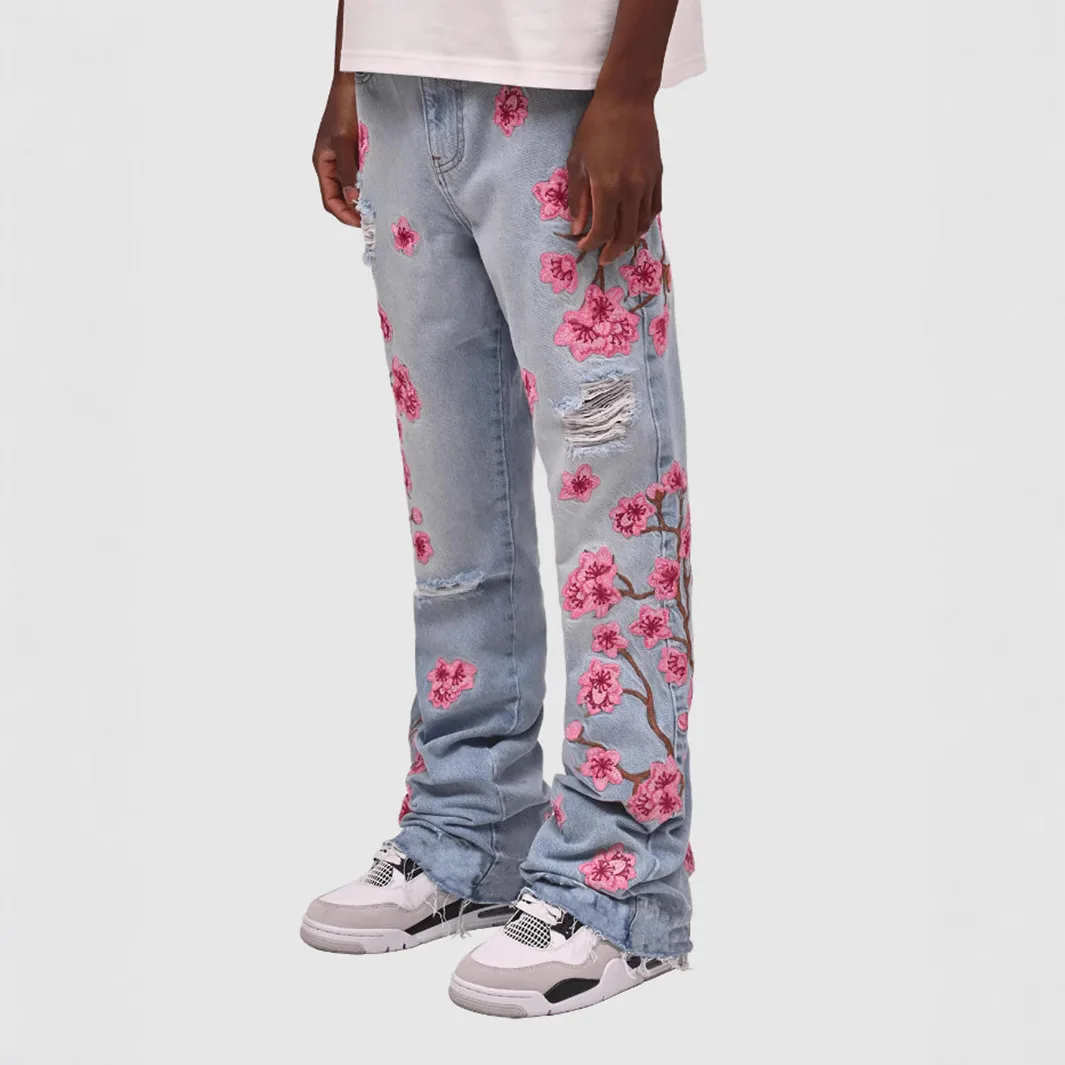 

Men Jeans Print Straight Pants Men Denim Jean Button Pockets Pants Streetwear High Street Mid Waist Hole Spliced Spring Summer