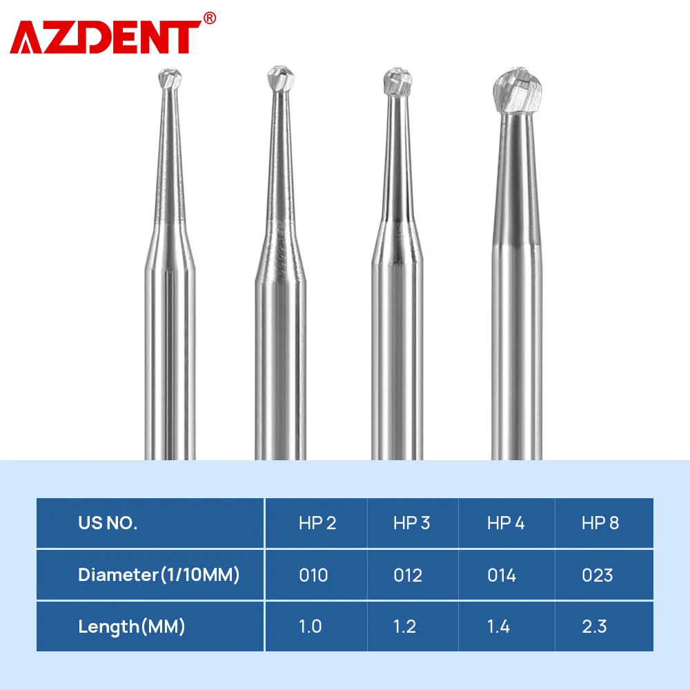 AZDENT 5Pcs/Box Dental Round Carbide Burs HP Bur Drill For Straight Handpiece and Micro Motor Diameter 2.35mm Length 44.5mm