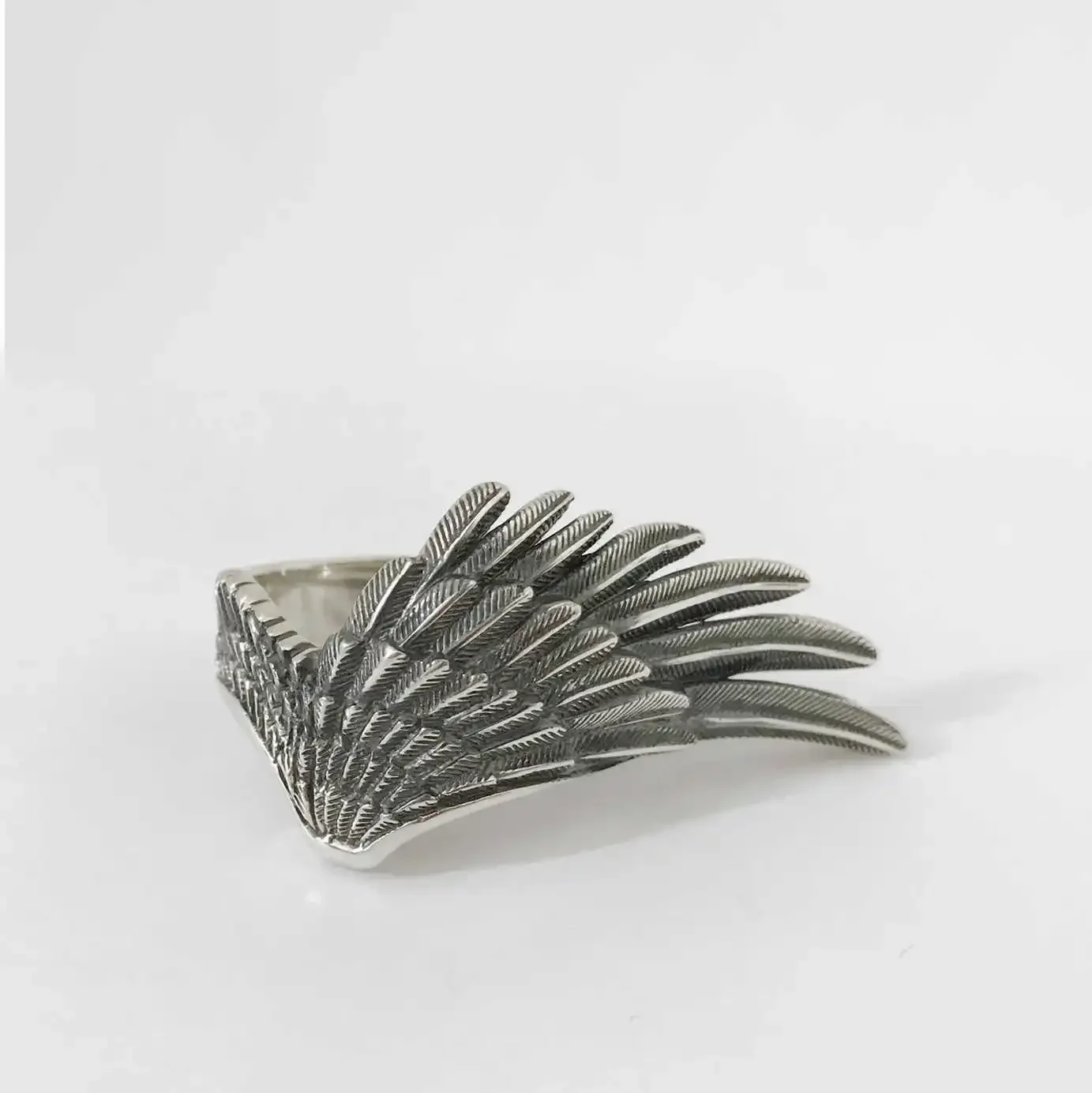 

YOJI OOAK FEATHER Крылья ангела из стерлингового серебра 925 пробы с перьями, винтажное кольцо ручной работы, темный галстук для мужчин