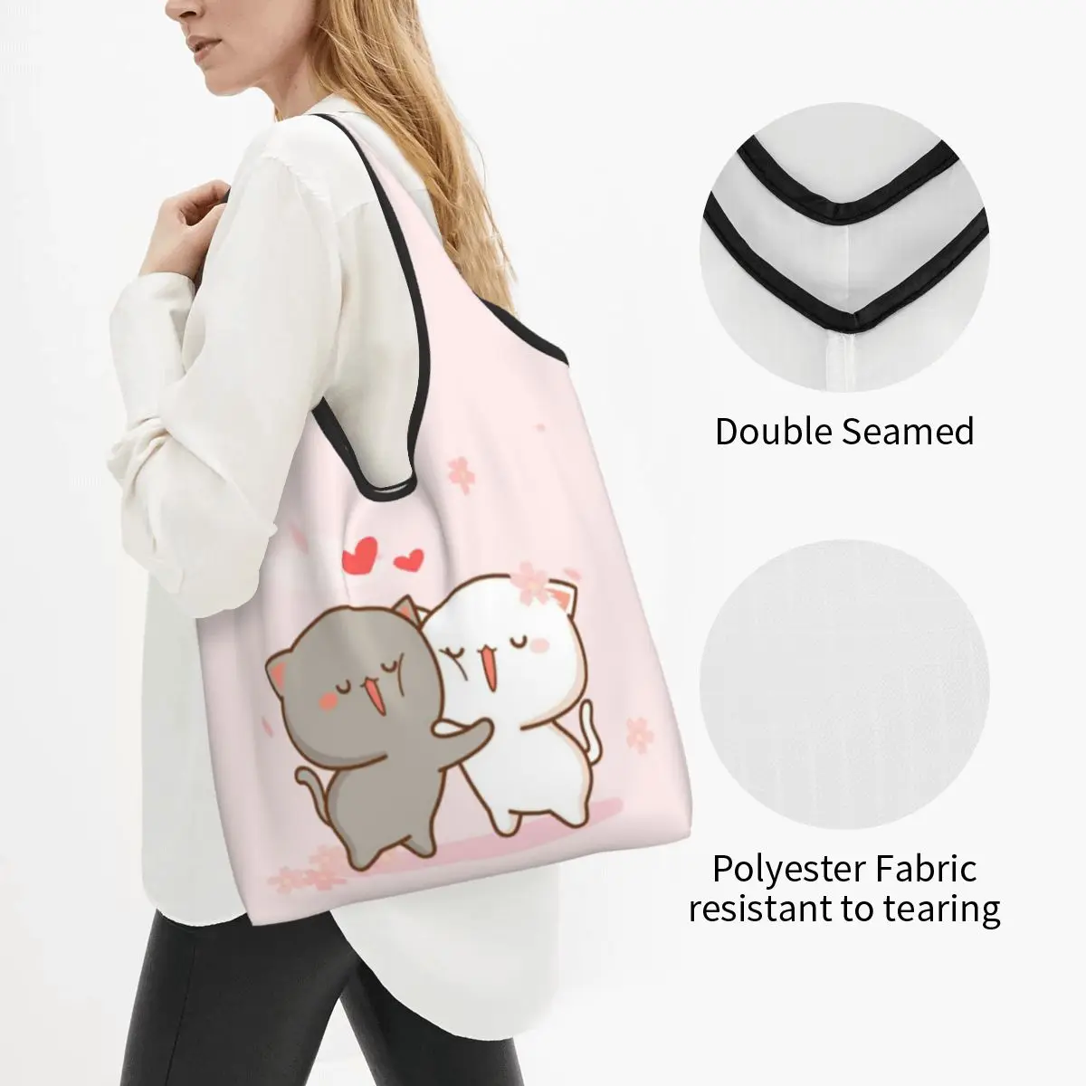 Custom Cute Mochi Peach And Goma Cat Grocery Tote Shopping Bag Women Cute Shoulder Shopper Bags Large Capacity Handbags