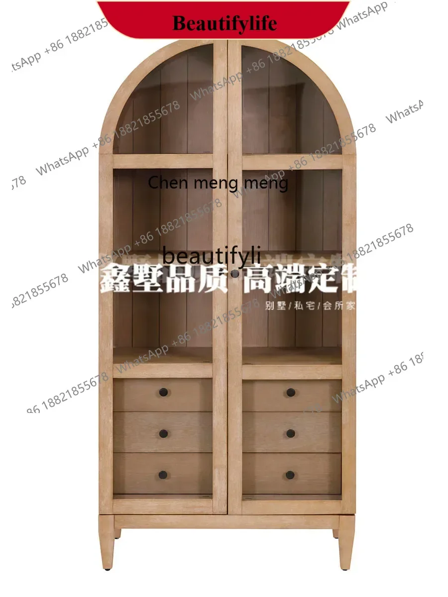 

D178 YY American Country Solid Wood Bookcase Villa Living Room Glass Door Display Cabinet French RETRO Study Independent Storage