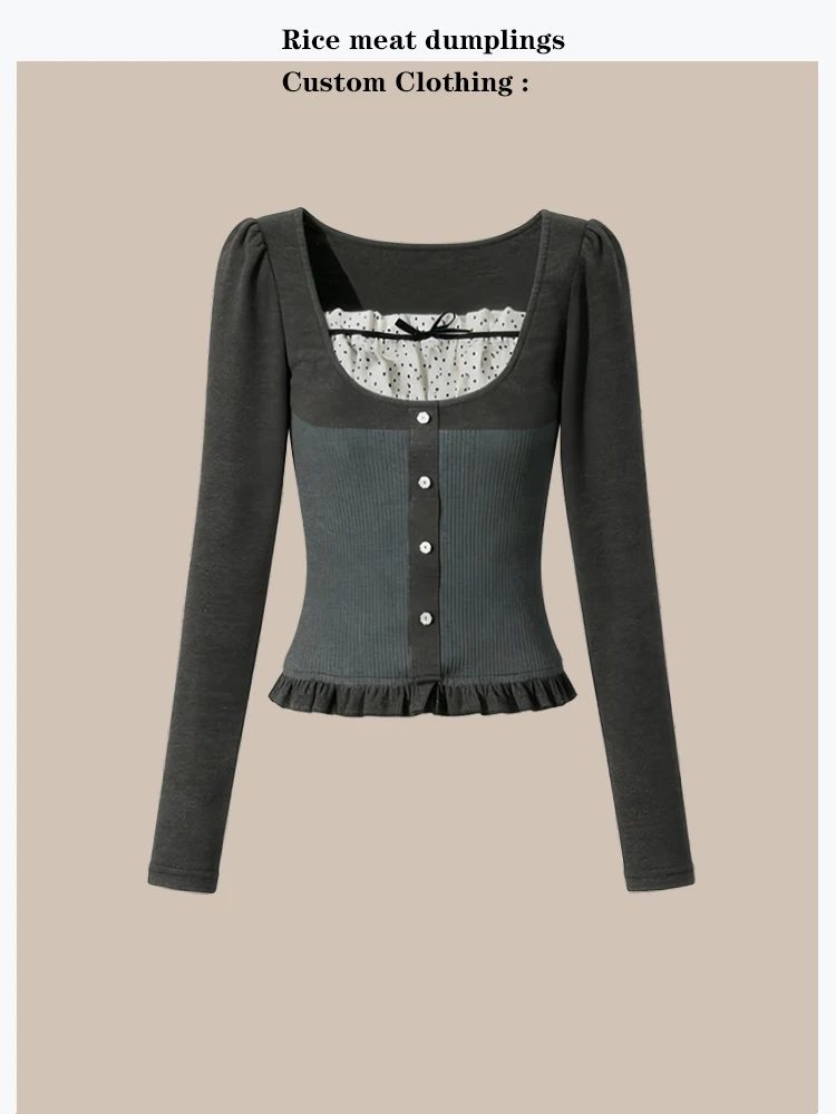 

Slimming Long Sleeve Retro Color Block Polka Dot Bow Tie T-Shirt Women's Cotton Commute Style Fashion Spring Summer Top