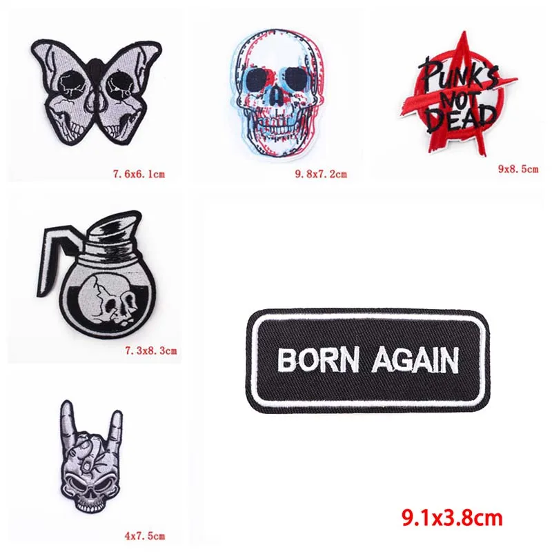 Prajna Wholesale 10PCS Punk Style Skull Iron On Patches For Clothing Stickers DIY Embroidered Patches On Clothes Badges Stickers