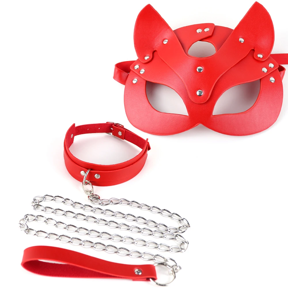 Female Sexy Cat Masks Fetish Wear Red Collar  Chain leather Masks Adjustable Leather Harness Leash Goth Erotic Christmas Cosplay