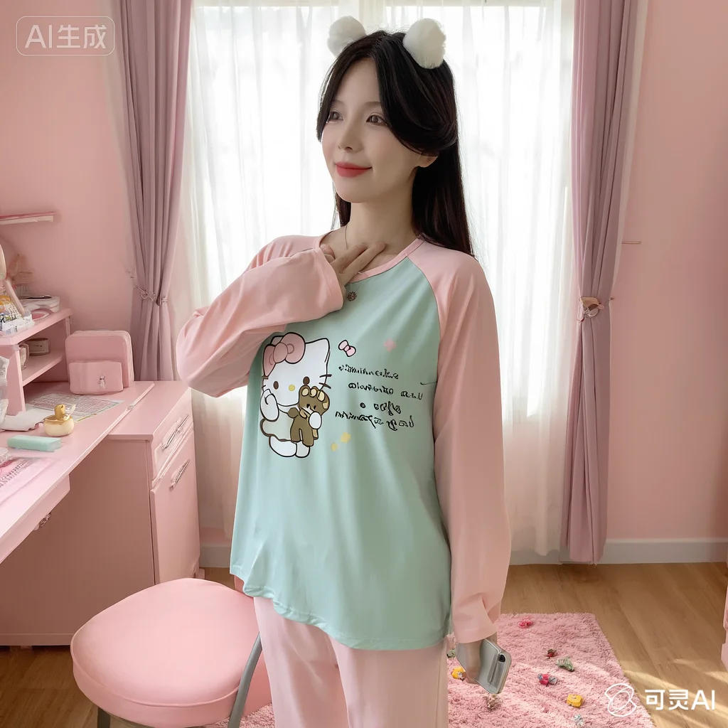 

Sanrio Kawaii Hello Kitty пижамы с героями мультфильмов, удобный свежий милый комплект с длинными рукавами, мягкий милый весенне-осенний комплект для сна вдома