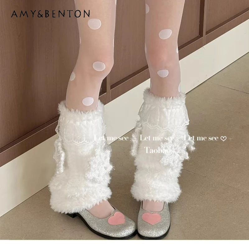 

Оригинальный дизайн, кружевные вставки, узор «снежинка», милые плюшевые женские носки, зима 2025, утолщенные теплые вязаные гетры до середины икры для женщин