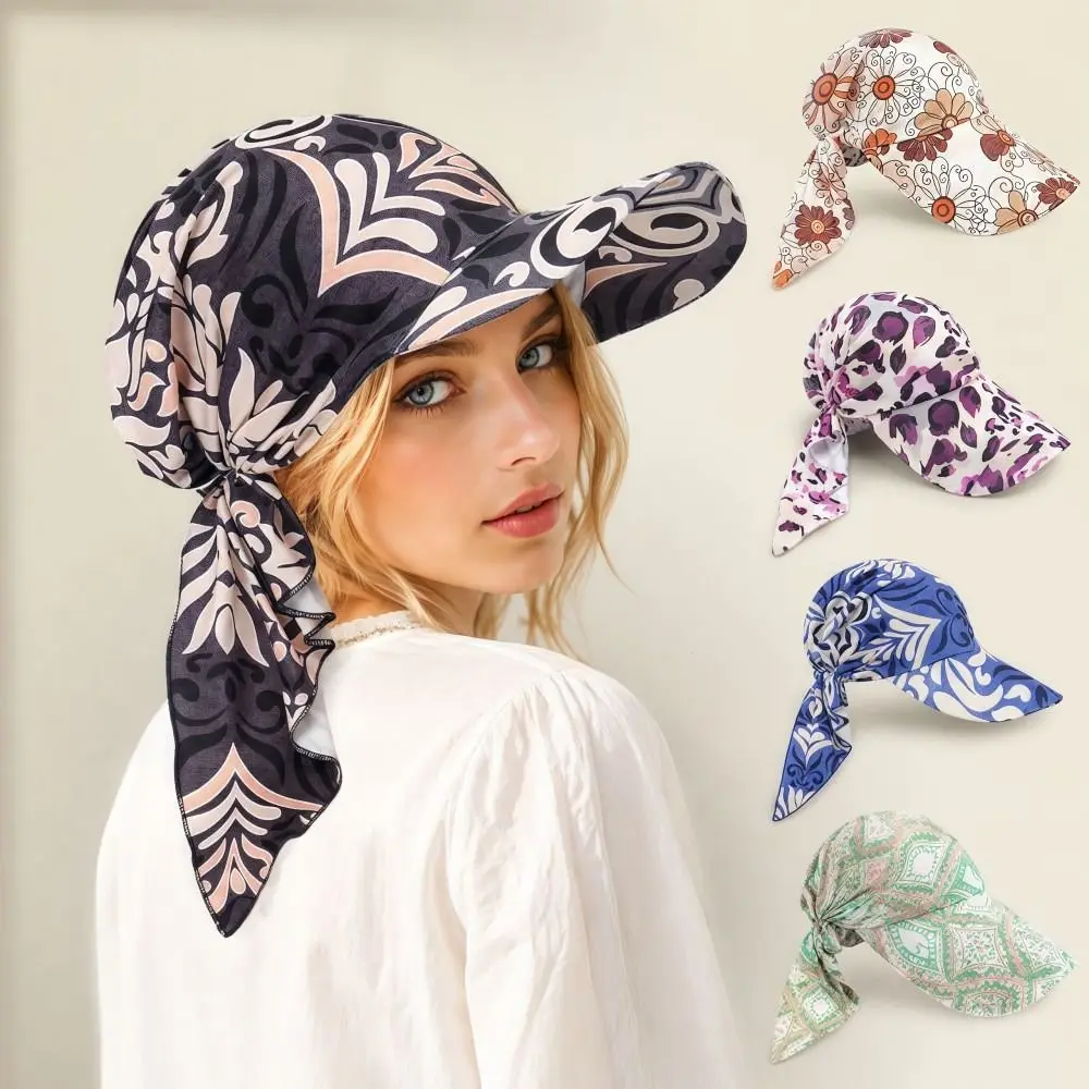 Floral Print Strapped Baseball Cap with Brim Wrap Hair Summer Headscarf Hat Breathable Versatile Turban Hat Everyday Outfits