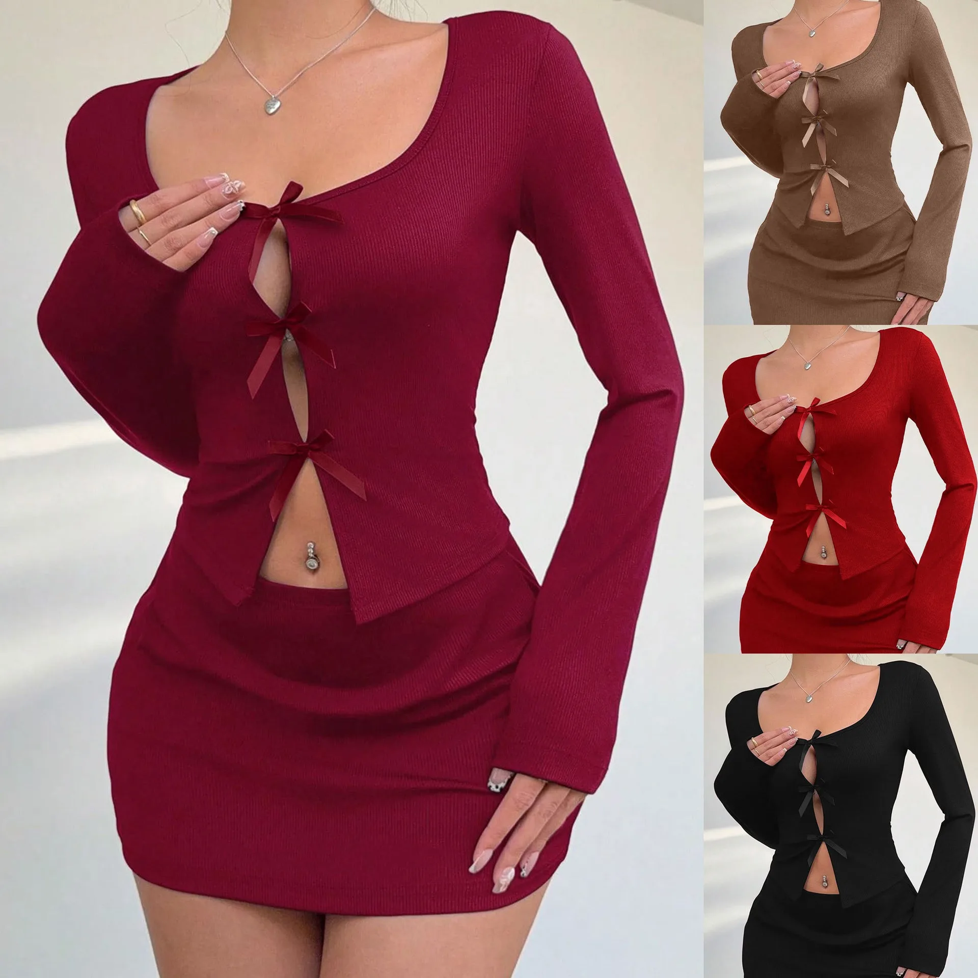 

Lady's winter and autumn velvet bow tie sexy hot girl outfit fashionable long-sleeved short skirt home wear set