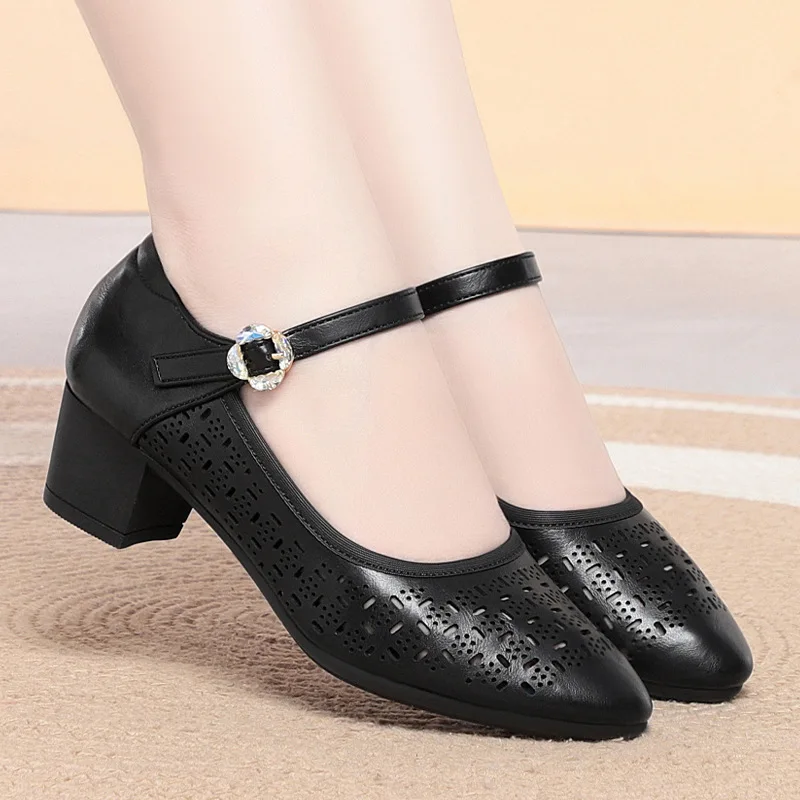 

Mesh Panel Platform Mary Jane Shoes With Buckle Strap Cut Out Chunky Heel Breathable Casual Black Shoes For Summer And Daily Wea