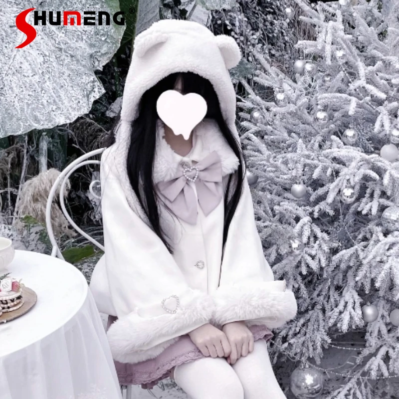 

Christmas Party Lolita Plush Warm Jacket Winter New Japanese Mine Mass-Produced Girls Women Sweet Bow Short Fleece-Lined Coat