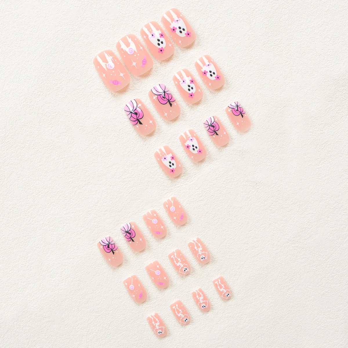 Uñas postizas de armadura cuadrada mediana, 24 piezas, Serie de Halloween, patrón de calavera de calabaza fantasma, parches de uñas de estilo lindo