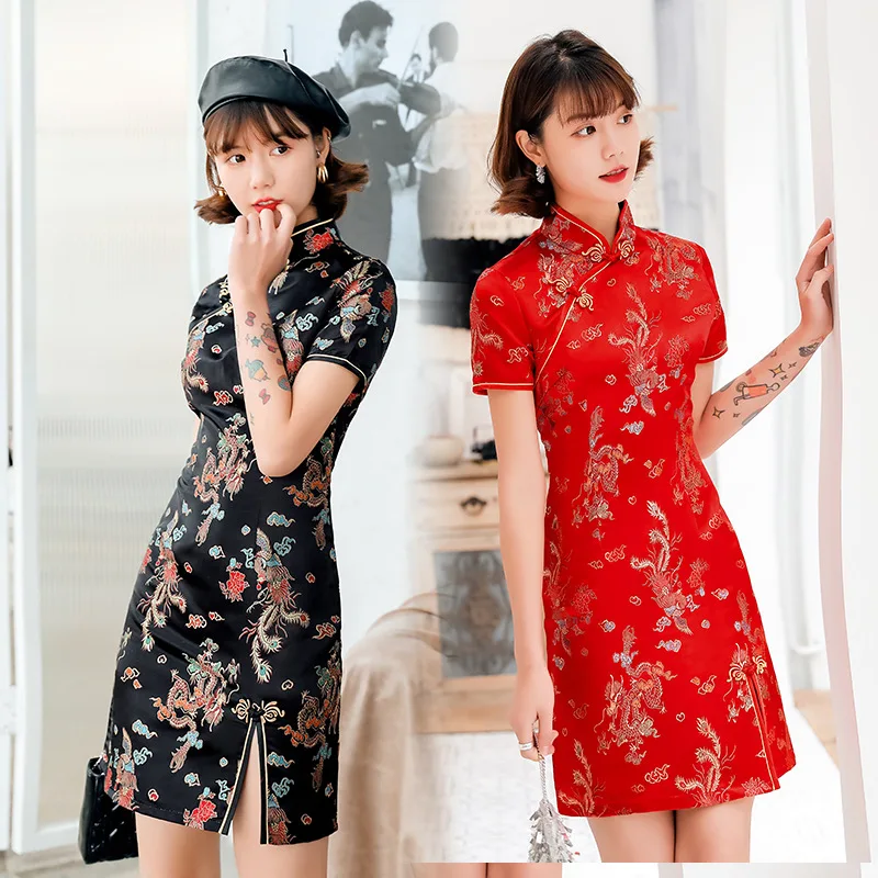 Front Fork Dragon&Phoenix Qipao Elegant Women Cheongsam Old Shanghai Mandarin Collar Sexy Short Chinese Dress Vestido