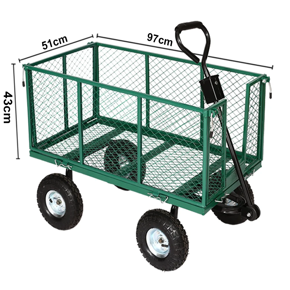 Metal Structure Garden Carts 4 Wheels Mesh Green Hand Truck